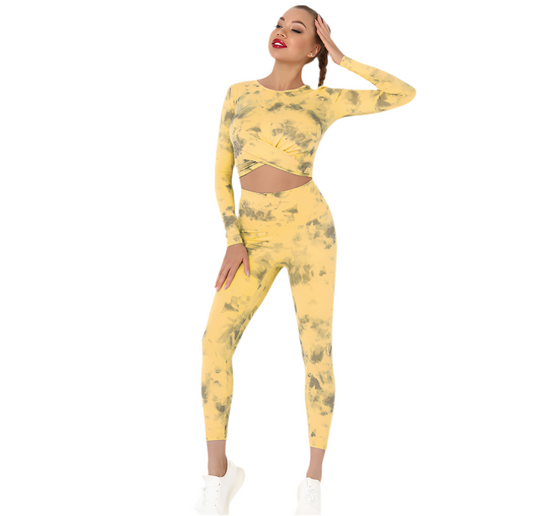 Be Magical- Women's 2 Piece Athleisure Set- Yellow/Gray Tie Dye Yoga Pants/Long Sleeve Shirt Set