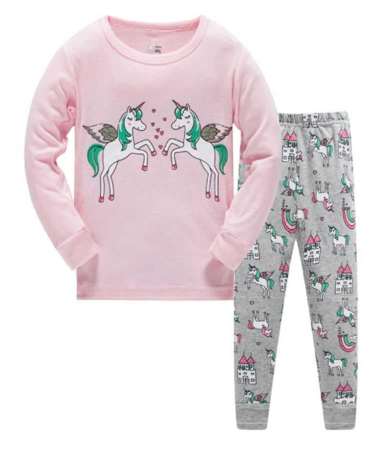 Be Magical- Girl's 2 Piece Pajamas - Double Flying Unicorns