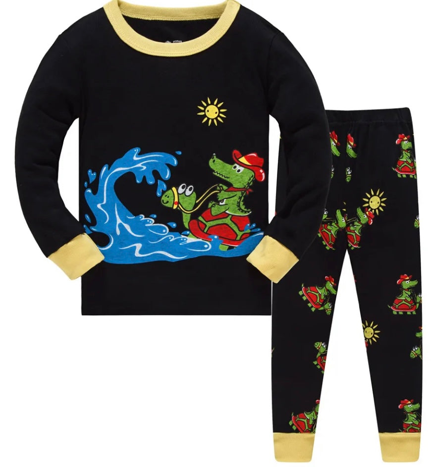 Sold Out- Little Panda- Boy's 2 Piece Pajama Set- Alligator Cowboy Riding Turtle