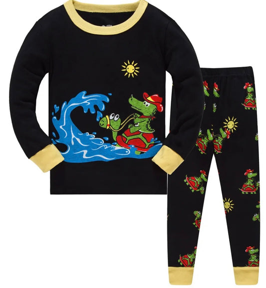 Sold Out- Little Panda- Boy's 2 Piece Pajama Set- Alligator Cowboy Riding Turtle