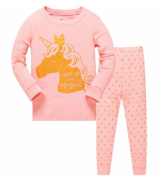 Be Magical- Girl's 2 Piece Pajamas - “I Woke Up Magical” Golden Glitter Unicorn