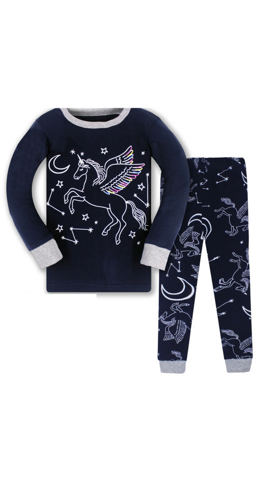 Be Magical- Girl's 2 Piece Pajama Set- Navy Blue and Heather Grey Unicorn w/ Wings